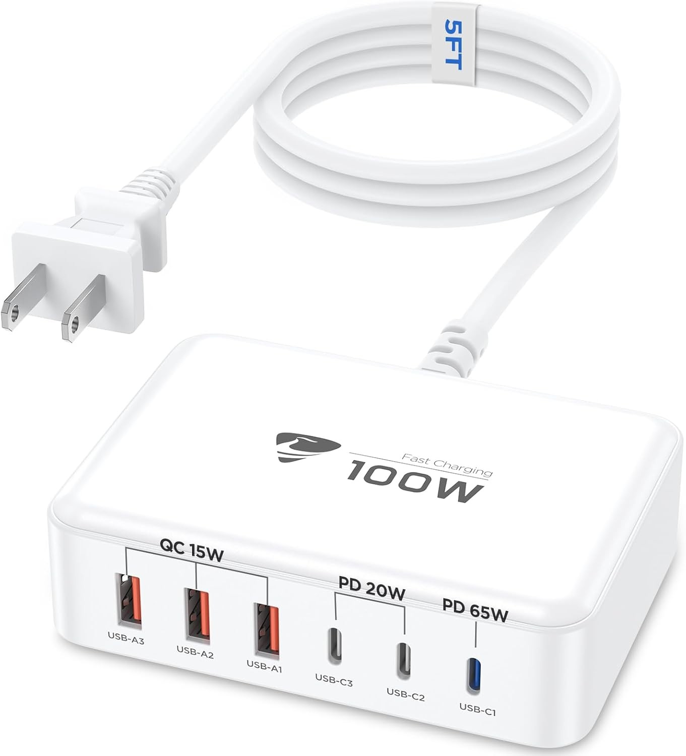 100W USB C Fast Charger Station 6 Ports (One Port 65W Max) Charging Block for Mu