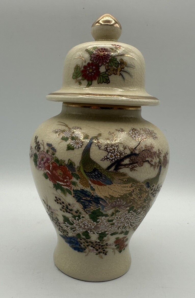 Vintage Satsuma Gold Floral Peacock Japanese Porcelain 6.5” Jar Vase Japan