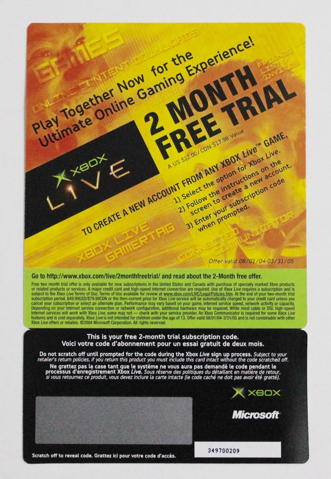 2004 2005 NEW VTG Microsoft Xbox Live Scratch Off 2 Month Free Trial Collectible