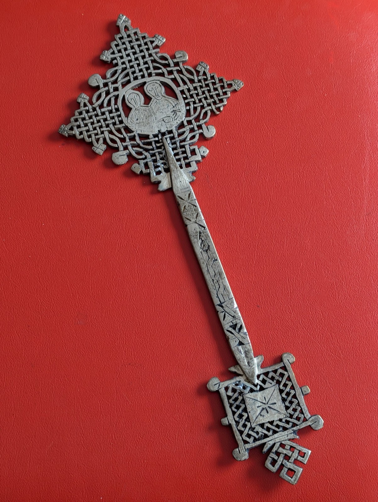 Vintage Ethiopian Orthodox Hand Blessing Cross – Rare Husband & Wife Iconography