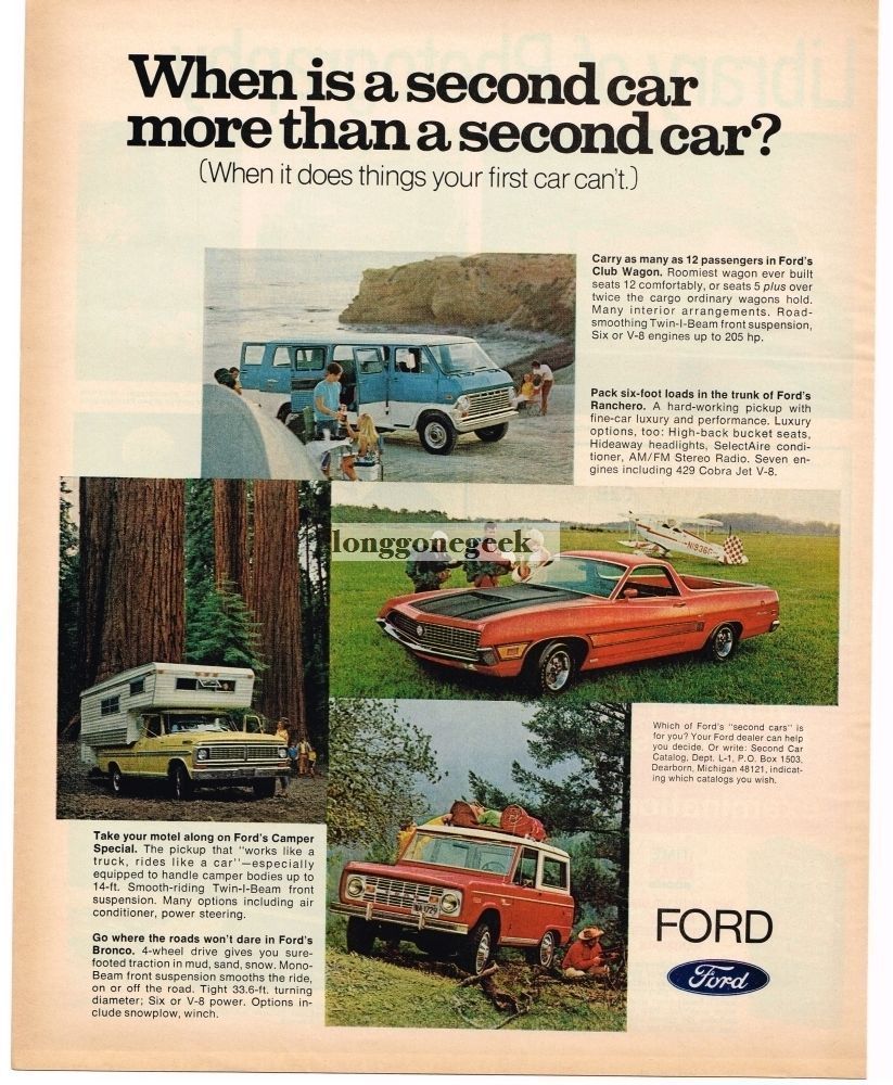 1970 Ford Trucks Ranchero Bronco Club Wagon Camper Special VINTAGE Print Ad