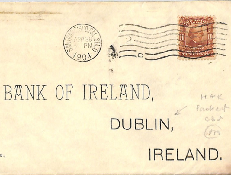 USA TRANSATLANTIC Cover 10c San Francisco *H&K PACKET* 1904 M3 CDS Dublin WZ198