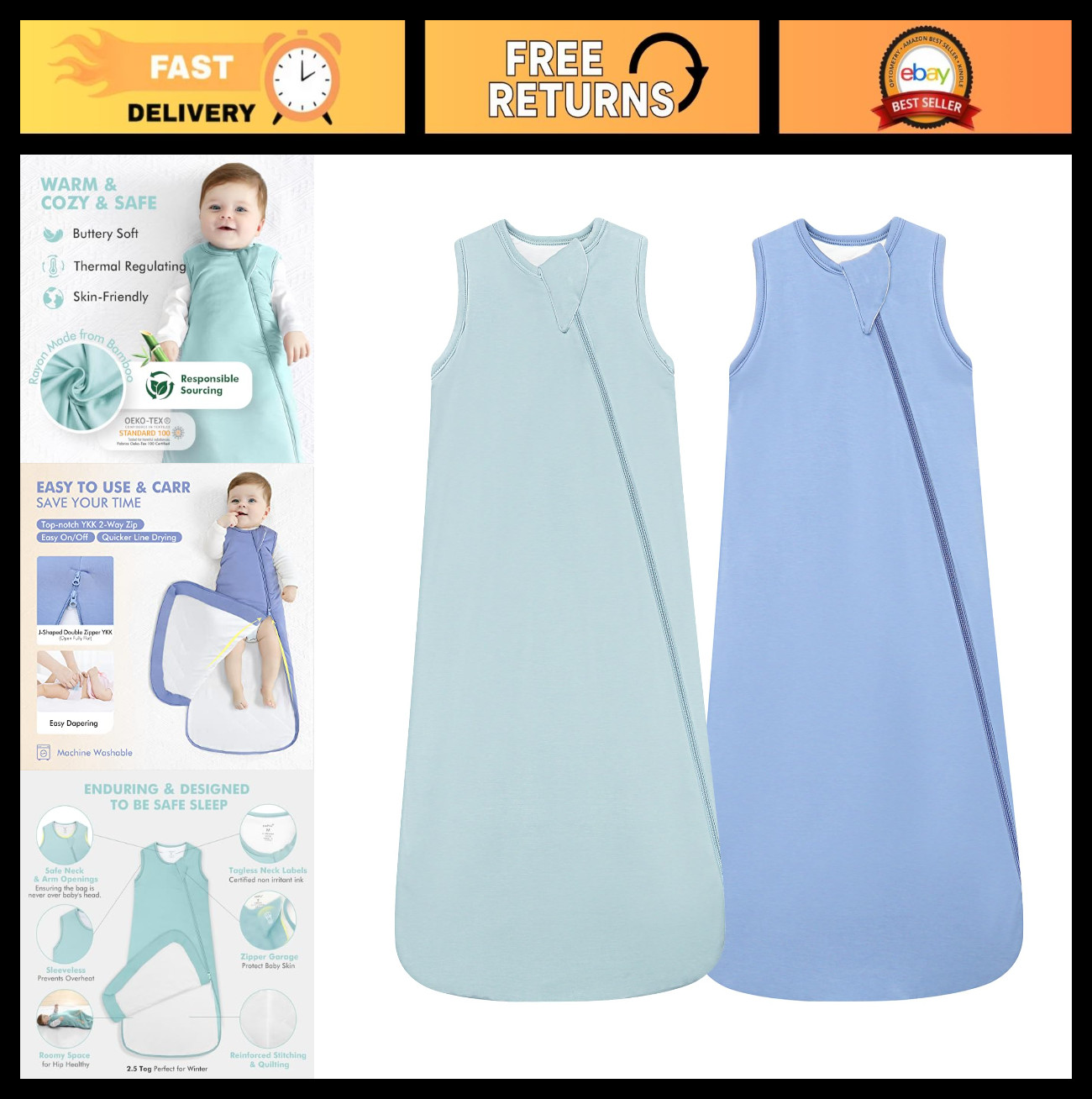 Cozy Bamboo Baby Sleep Sack 2.5 TOG - 2-Way Zipper Quilted Wearable Blanket