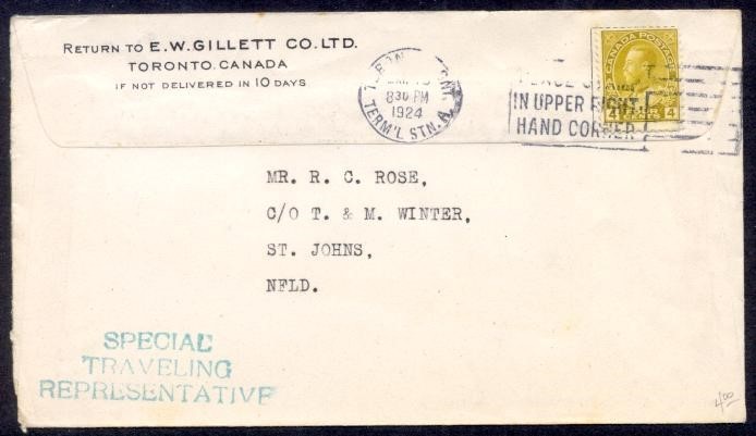 CANADA 1924 4c ADMIRAL GILLET ILLUSTRATED TO NEWFOUNDLAND