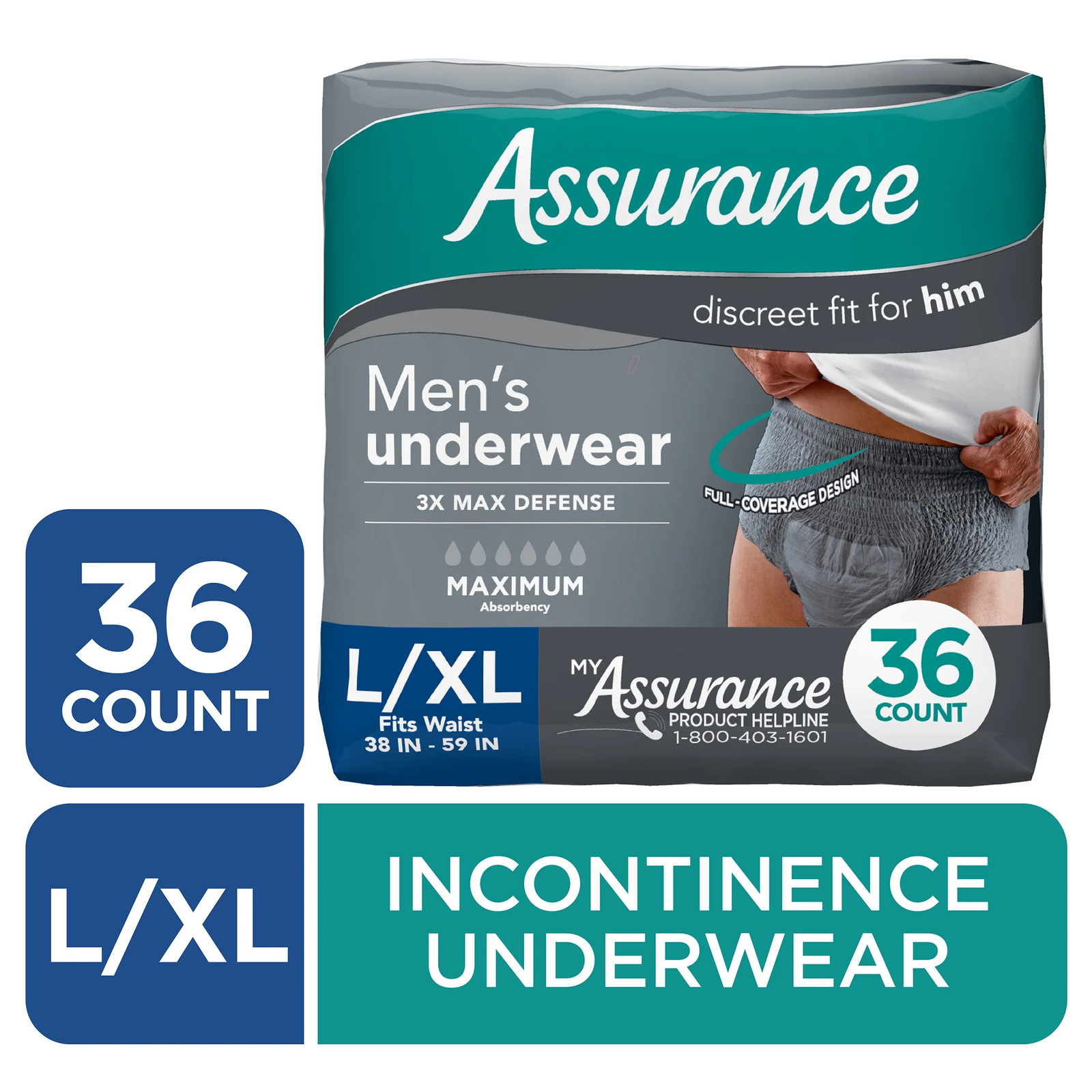 36-Pack  Men'S Incontinence Underwear, L/XL , Maximum Absorbency