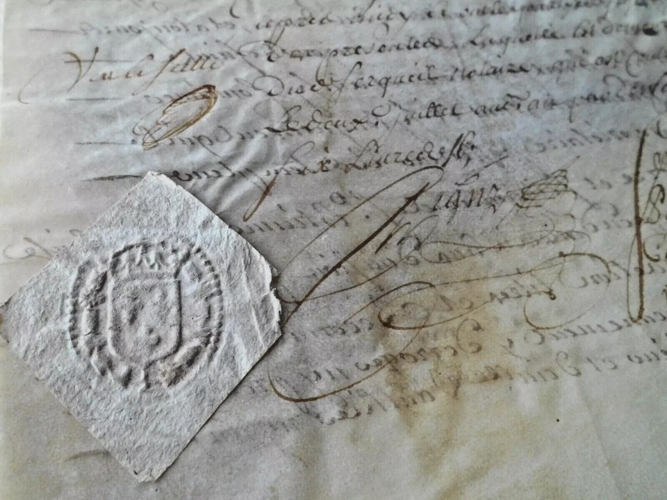 1736 antique parchment document, manuscript, calligraphy, seal, signed, 4 pages