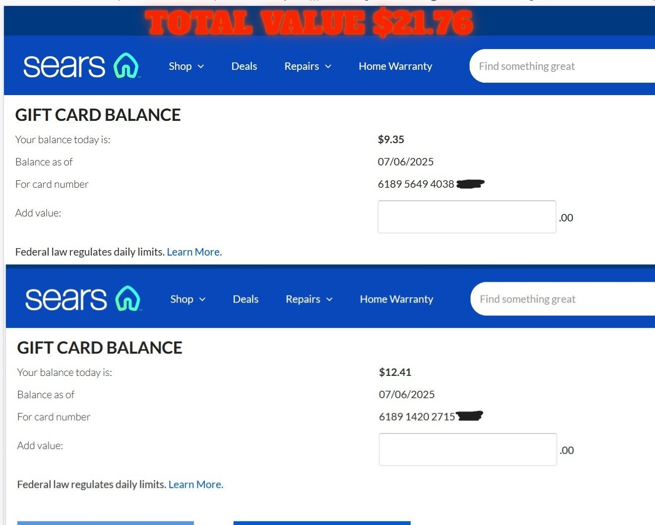2 Sears Gift Certificates Vouchers TOTAL $21.76