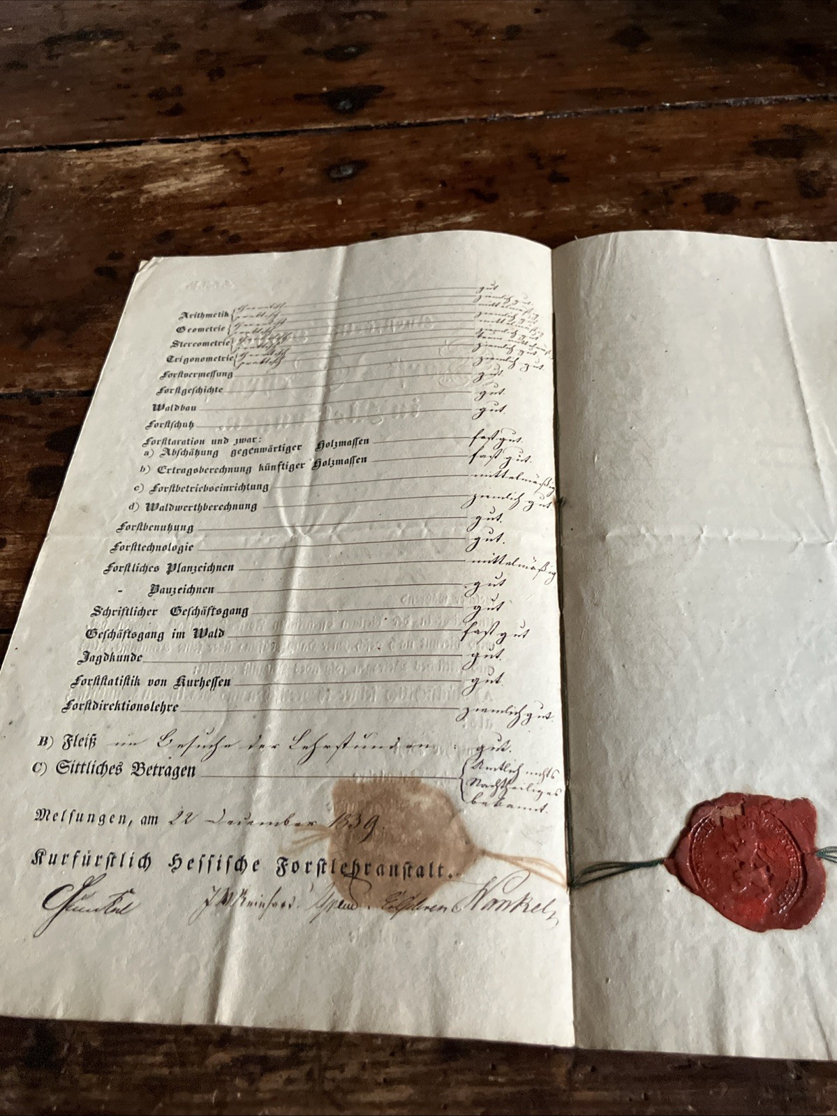 Antique Prussian German Manuscript 1839 Red Wax Seal Forestry Document