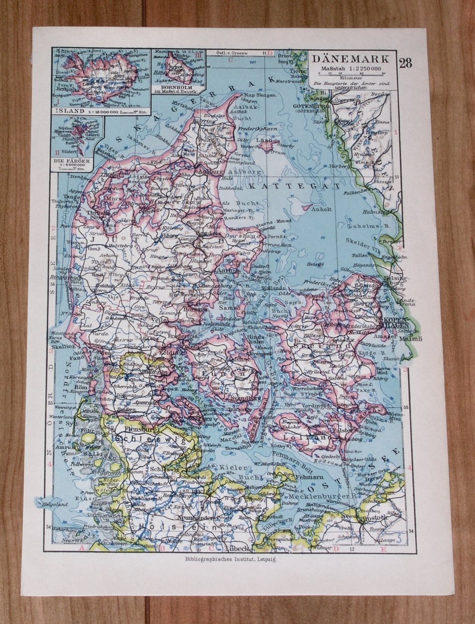 1928 ORIGINAL VINTAGE MAP OF DENMARK / SCHLESWIG HOLSTEIN GERMANY