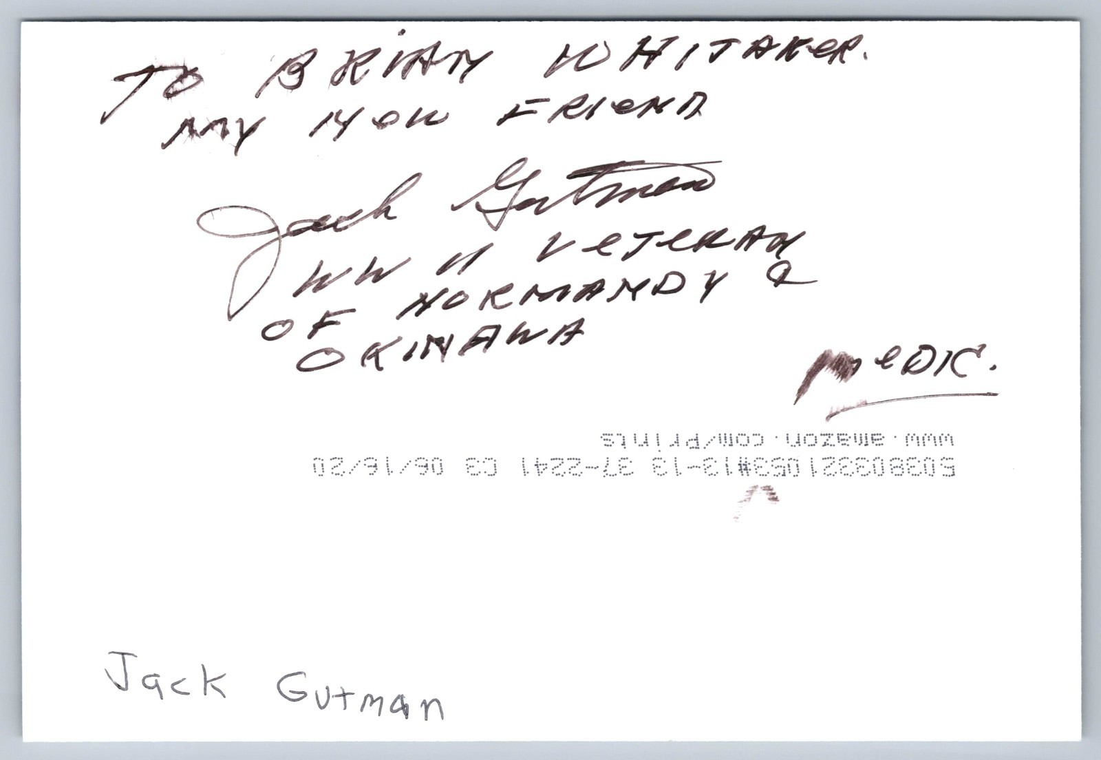 Jack Gorman Hand Signed Autograph - WWII Veteran - Personalized
