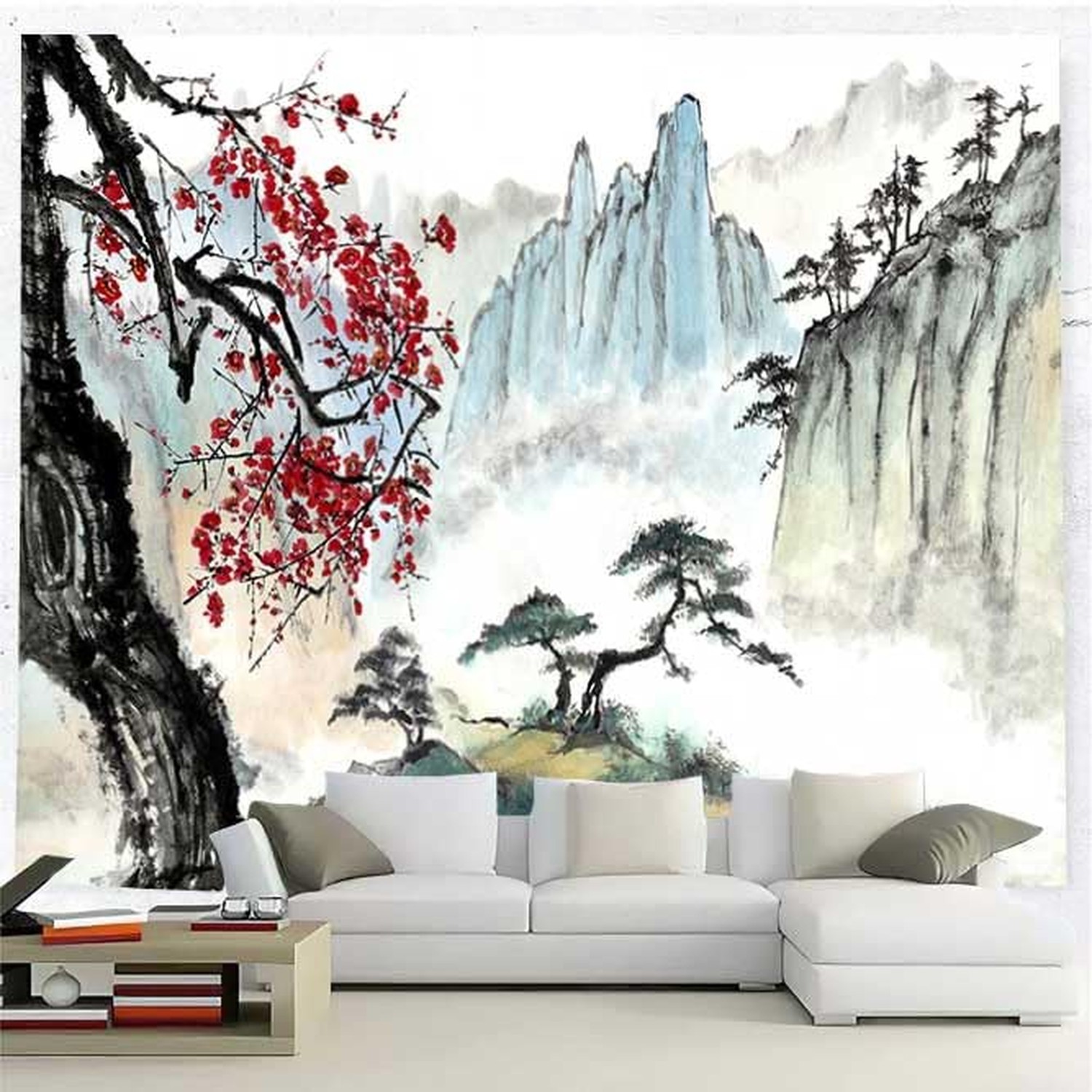Bcsewcg Cherry Blossom Mountain Tapestry, Asian Nature Landscape Tapestries f...