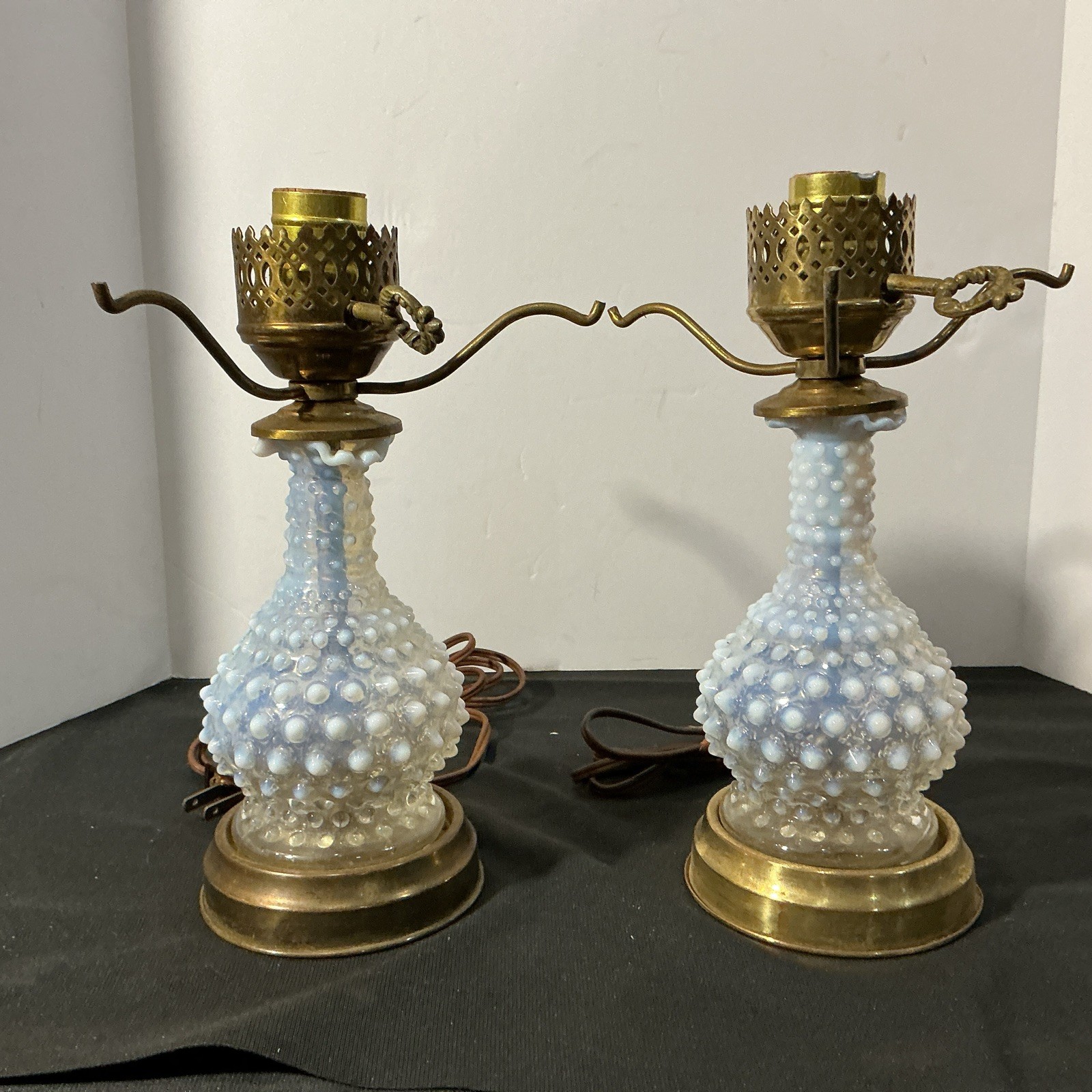 Vintage Opalescent Hobnail Art Glass Set of 2 Dresser or Bedside Lamps