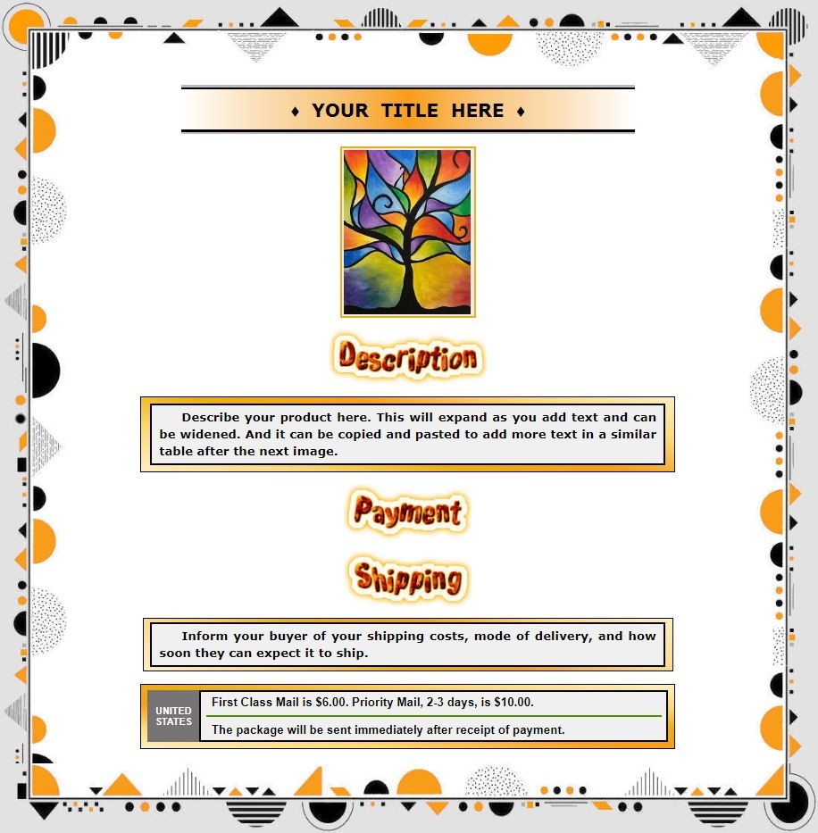 AUCTION TEMPLATE Geometric Border Design Orange Black Gray  FREE Shipping