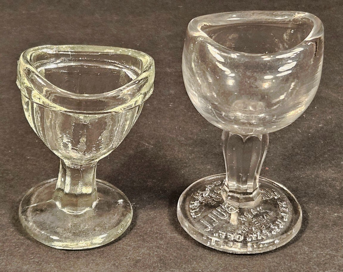 Eyecups Two Clear Glass John Bull 1917 Eye Wash Antique Optical Medical Items