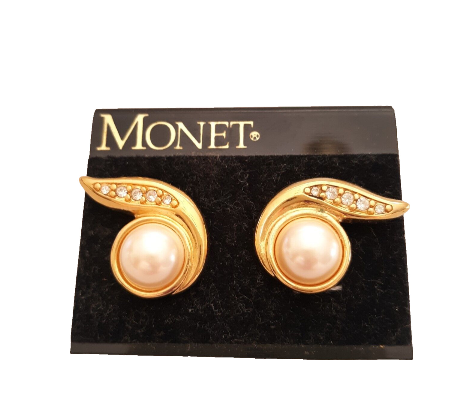 Vintage Monet Faux Pearl Earrings Rhinestone Swirl Gold Tone New Old Stock