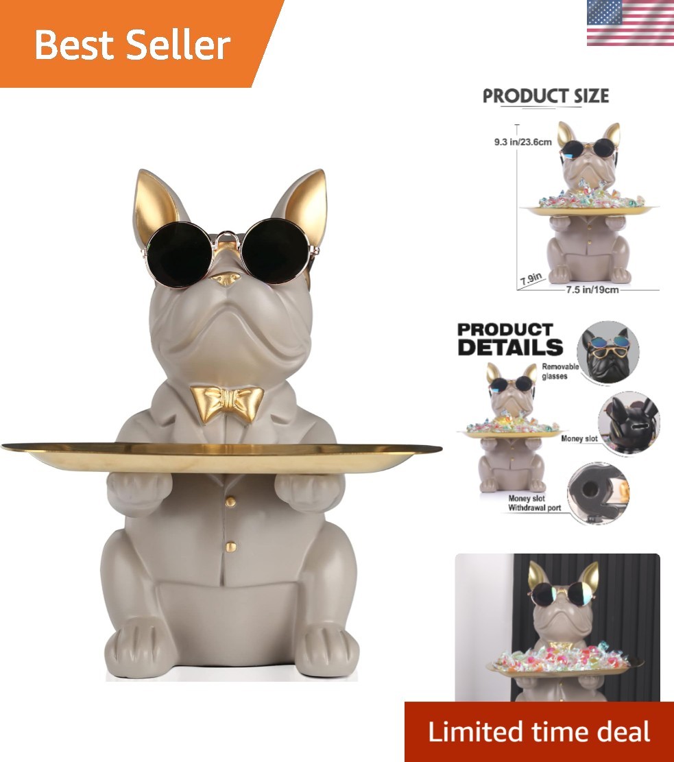 Modern Decor Resin Gray Bulldog Tray Statue Tray Storage Key Holder Candy Jew...