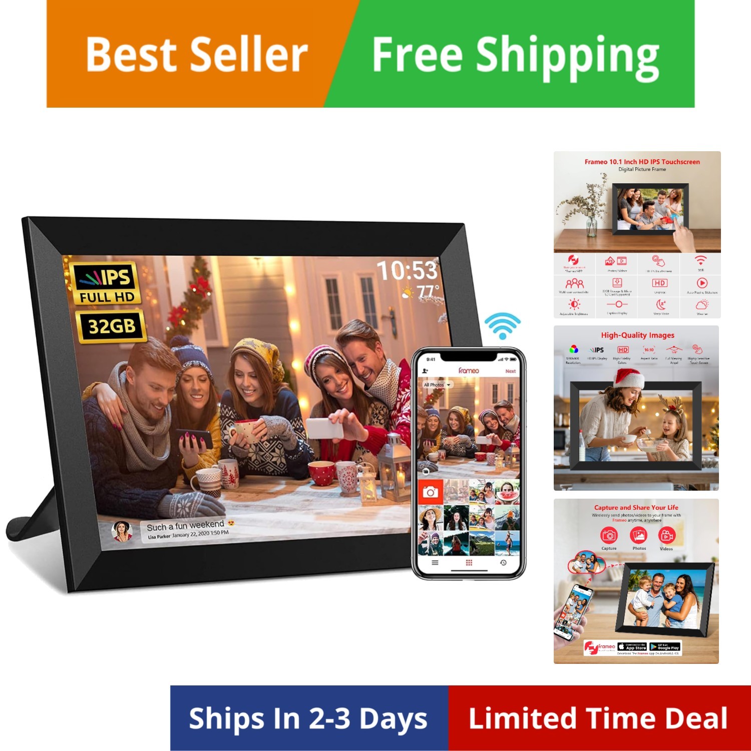 FRAMEO Digital Photo Frame, 10.1 Inch WiFi Digital Picture Frame with 1280x80...