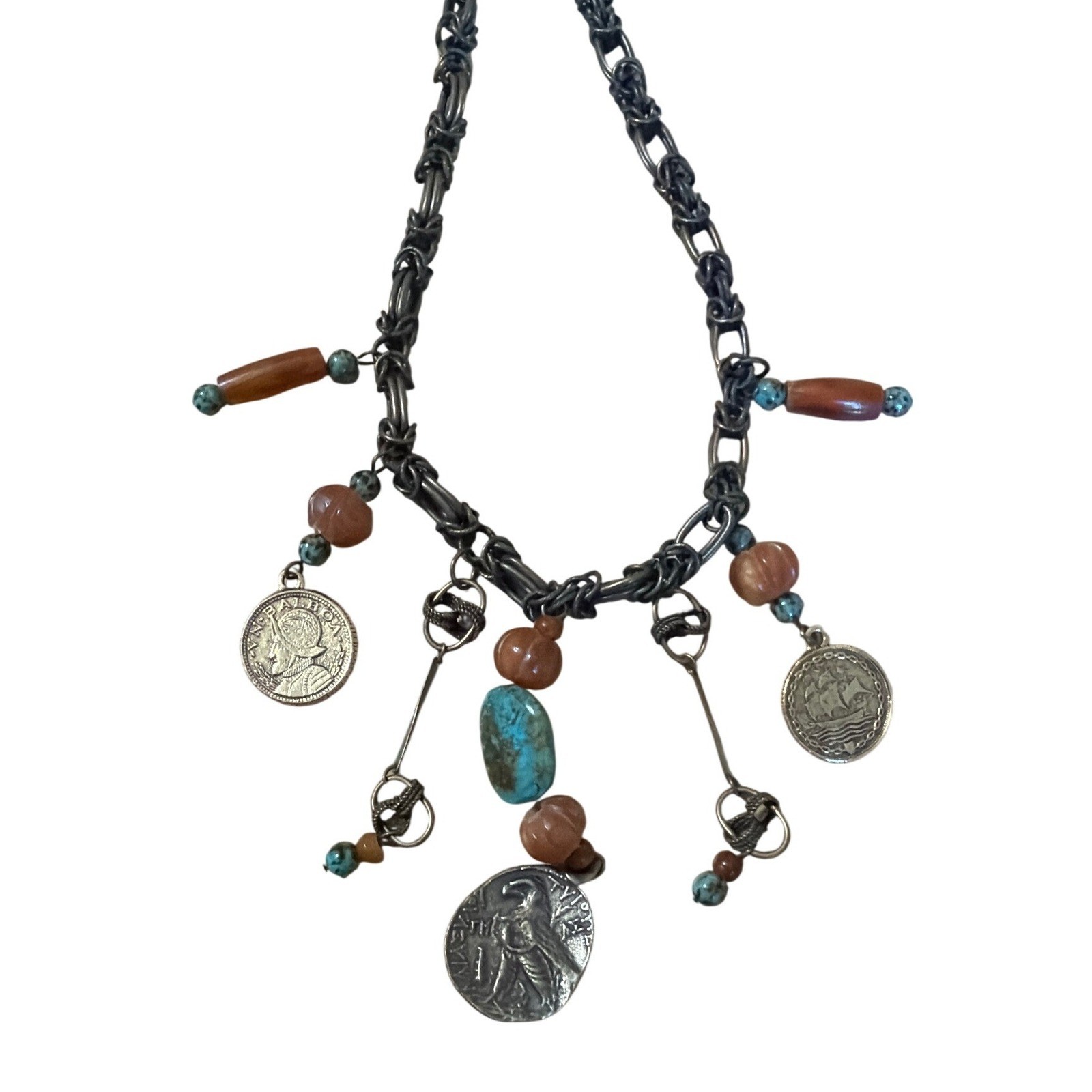 Antiqued Bronze Coin and Turquoise Bead Bohemian Charm Necklace Tribal Layering