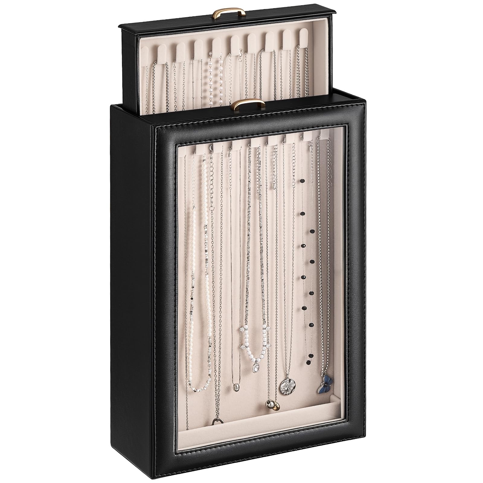 Necklace Organizer Box, 2-Layer Jewelry Storage Boxes with Clear Lid for Neck...