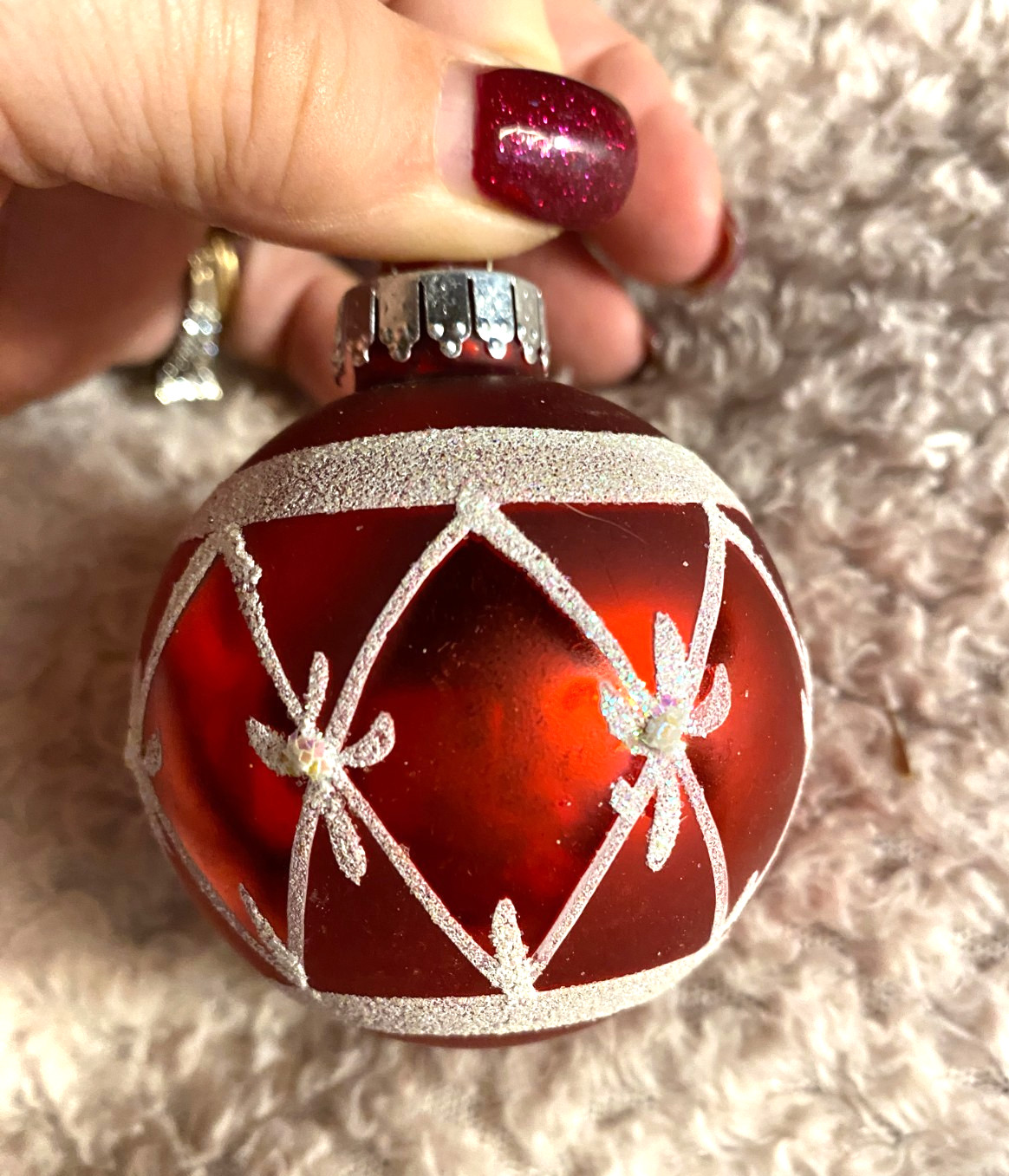 G&D Blown Glass Red White Glitter Christmas Ornament 2 1/4"