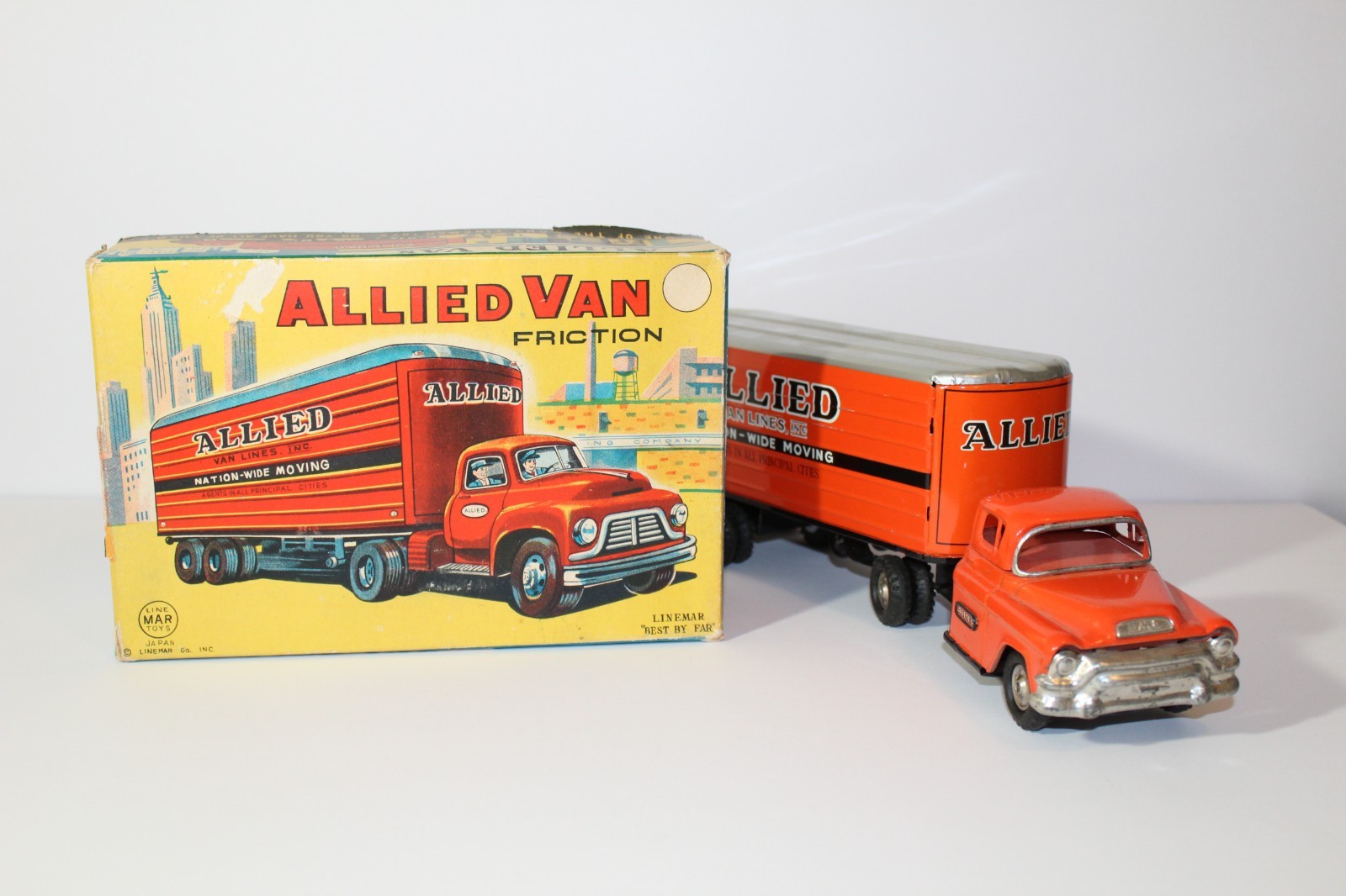 Vintage Linemar Allied Van Lines Tin Friction Toy Truck with original Box VG 