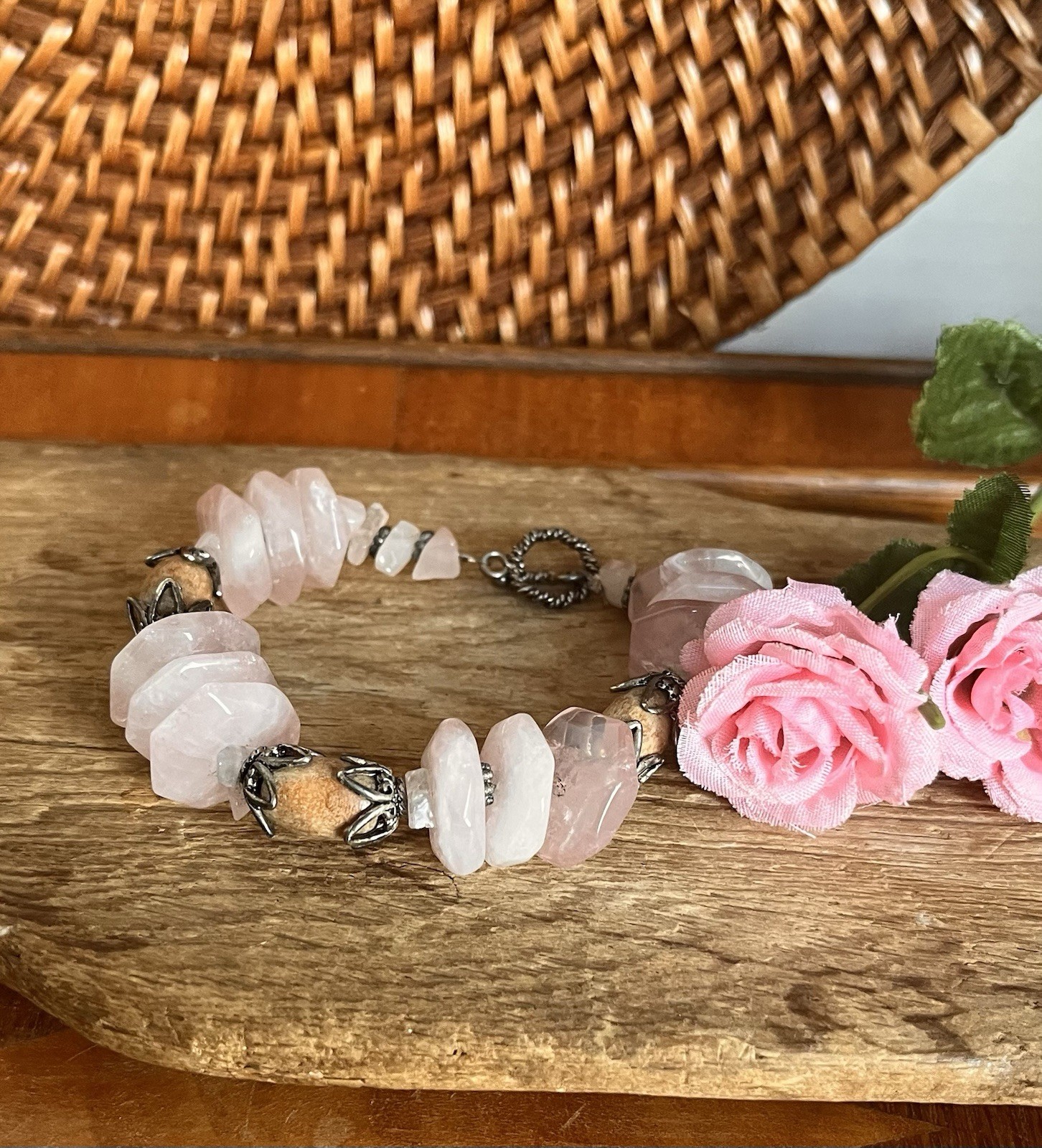 VTG Rose Quartz Nugget & Wood Bead Bracelet Artisan Pewter Tone Toggle