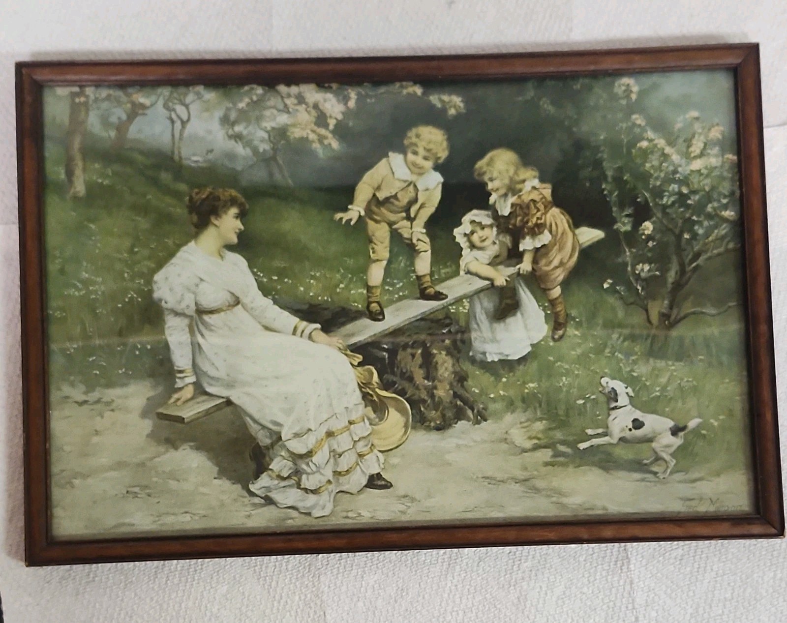 Seesaw in the Garden Framed Art Print Children Woman Dog Landscape Small