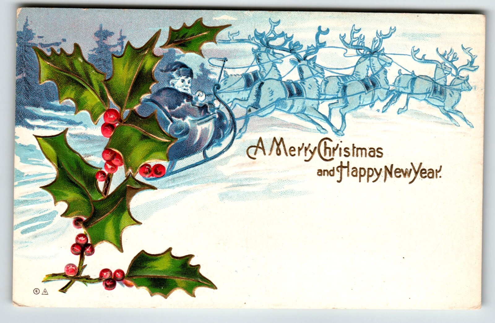 Santa Claus Christmas Postcard Blue Reindeer Sled Nash New Years 1910 Embossed