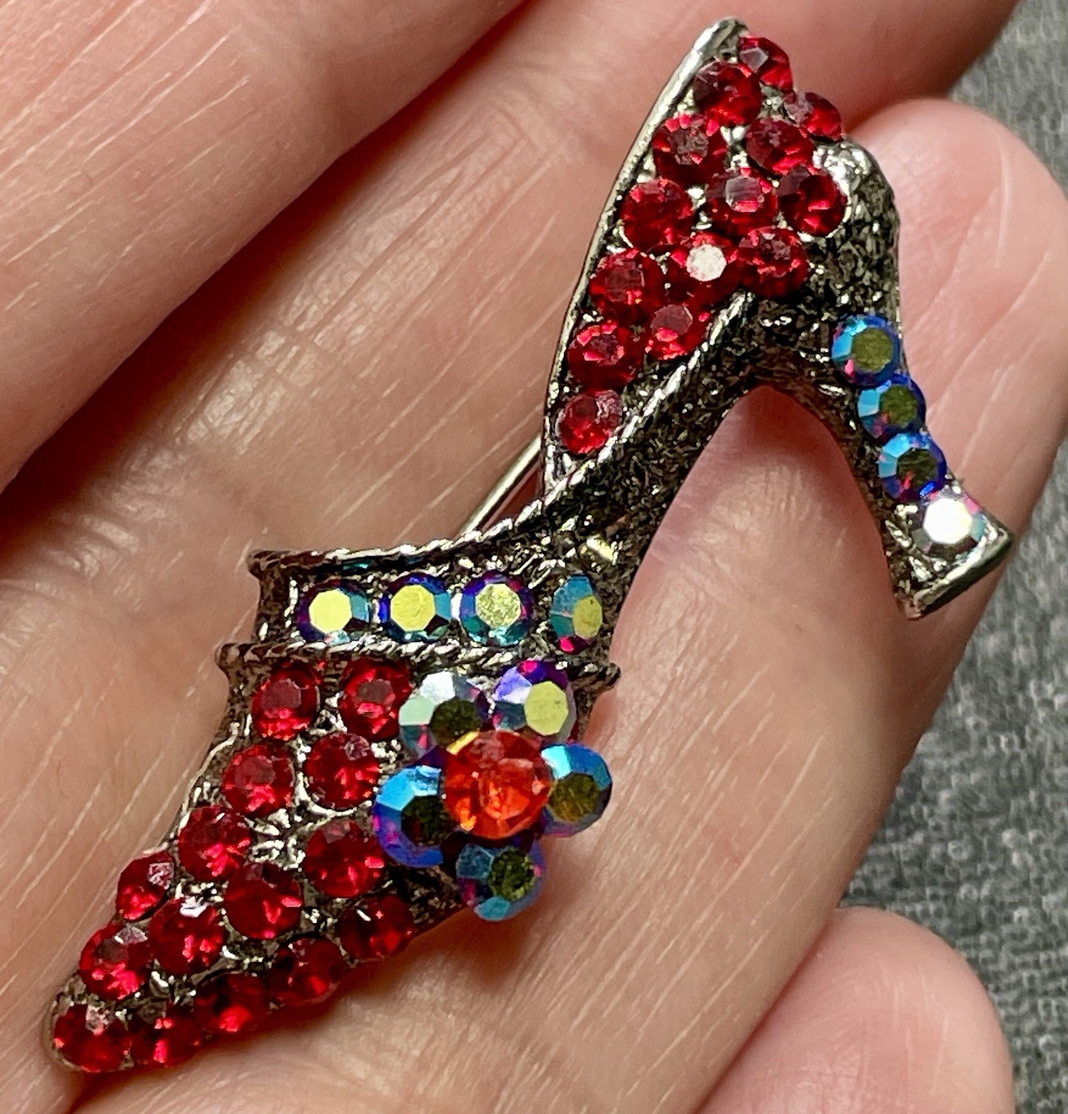 Vintage 1.5” Red AB Crystal Rhinestone High Heel Shoe Brooch Pin