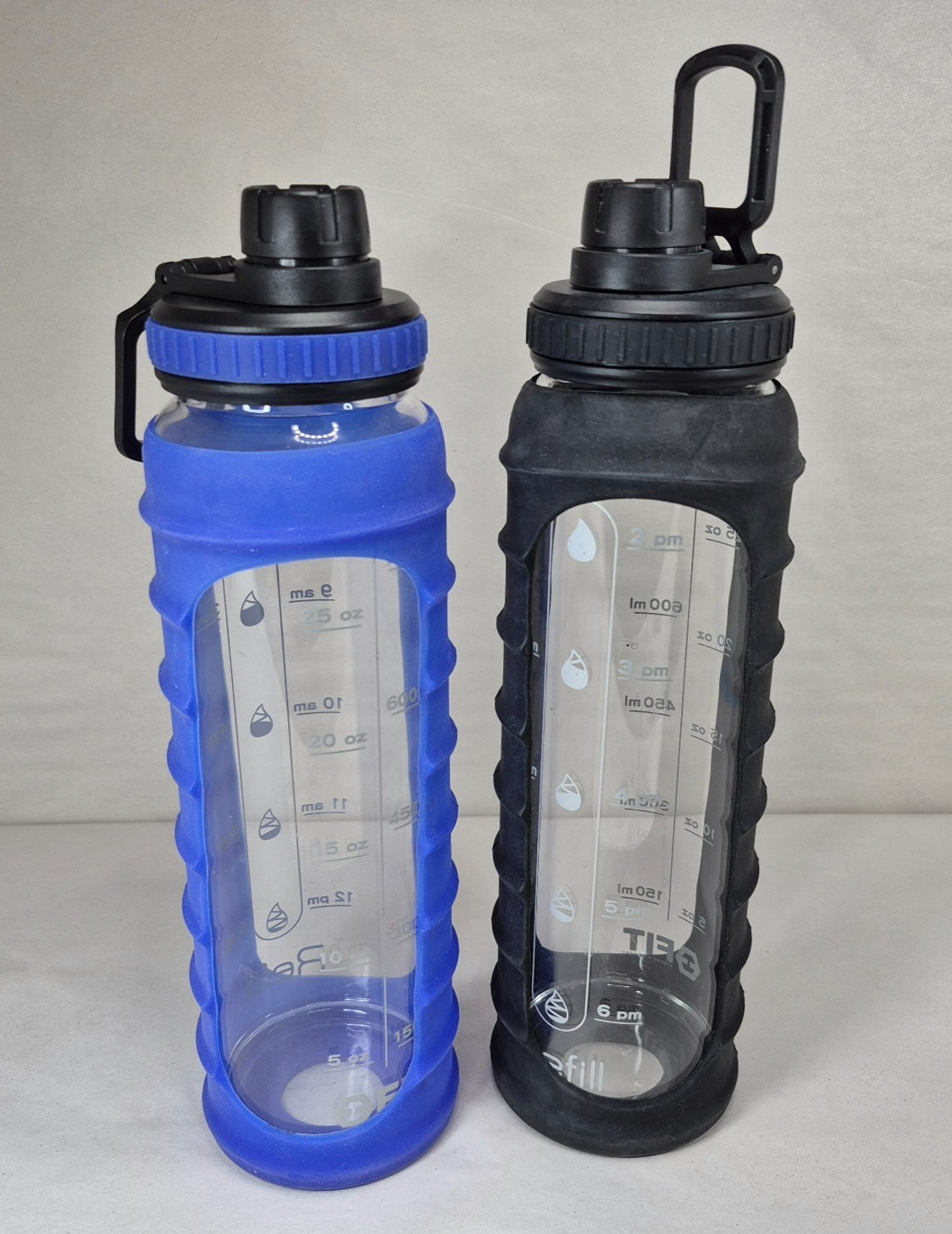 (2) FIT Strong & Healthy 32 Oz Glass Water Bottles w/ Time Marker & Sleeves