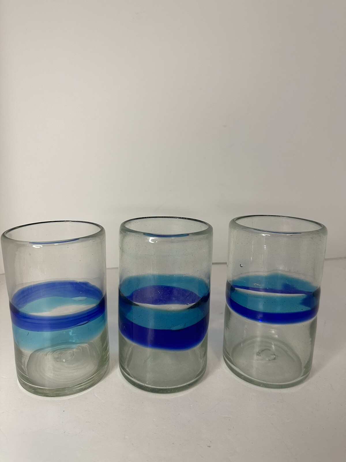 3pc Set Mexican Hand Blown Tumbler Glasses Blue Cobalt/Aqua Lines