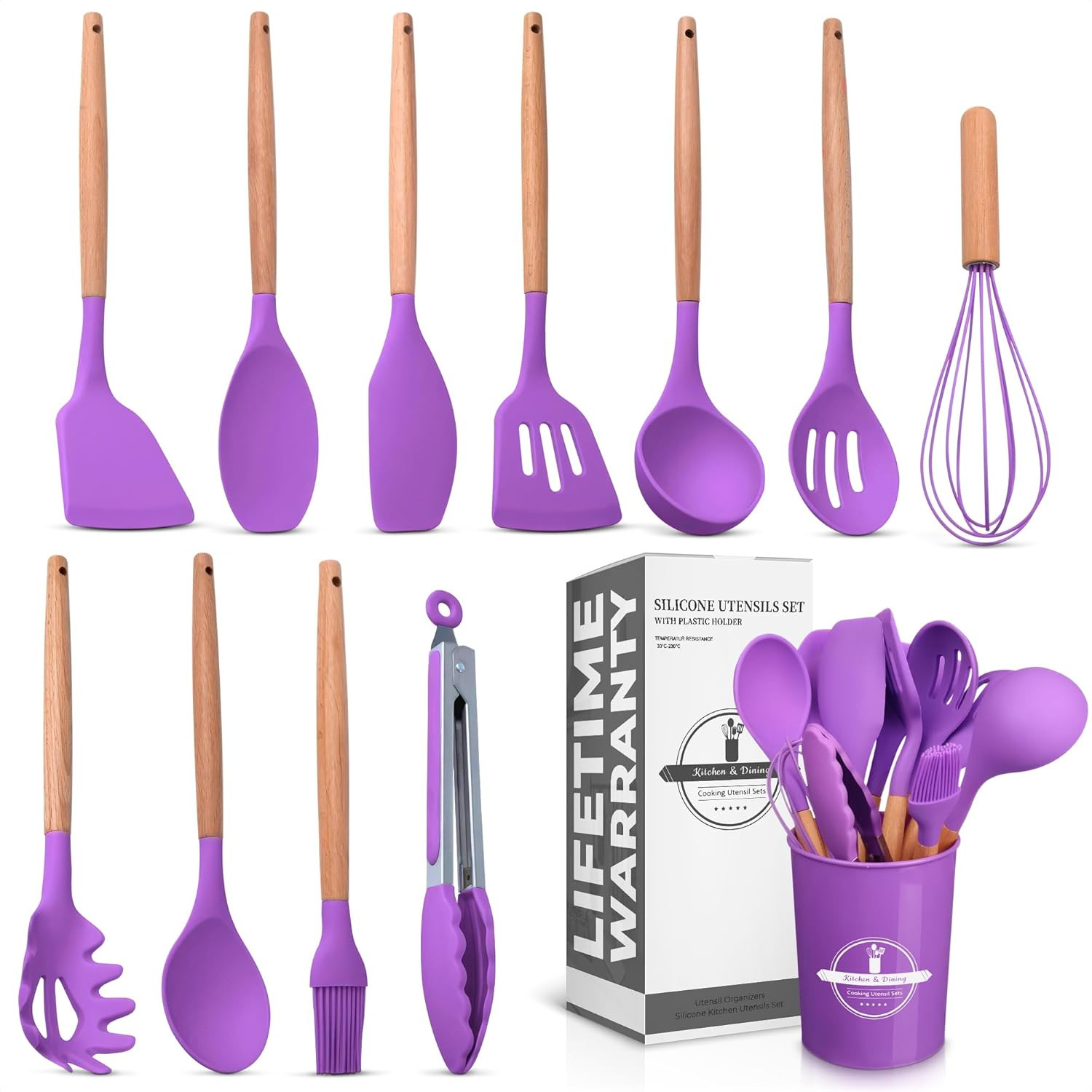 12 Pcs Purple Kitchen Utensils Set with Holder – Versatile Silicone Utensils Set