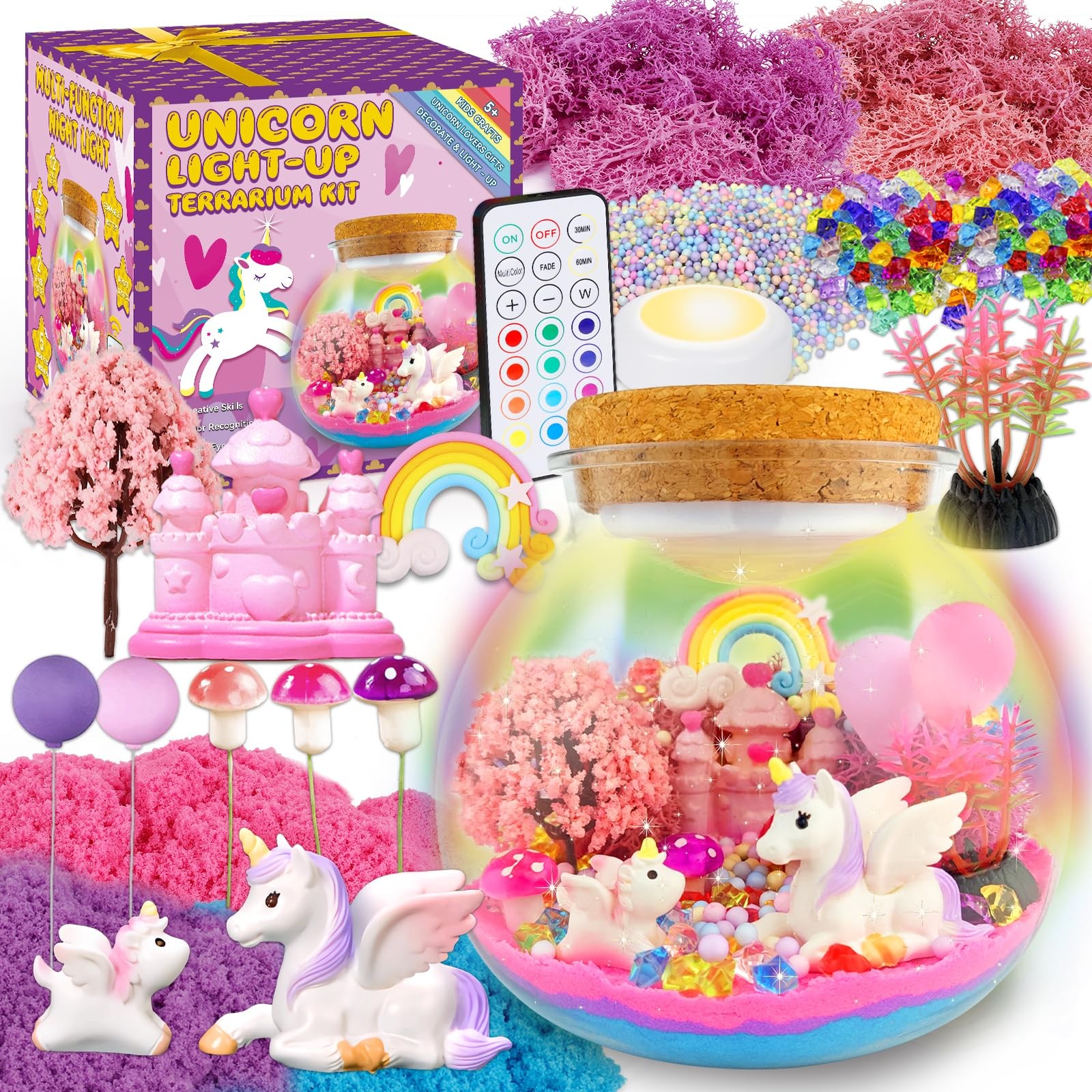 Unicorn Terrarium Crafts Kit for Kids-LED Night Light Up & Remote Unicorn Bir...