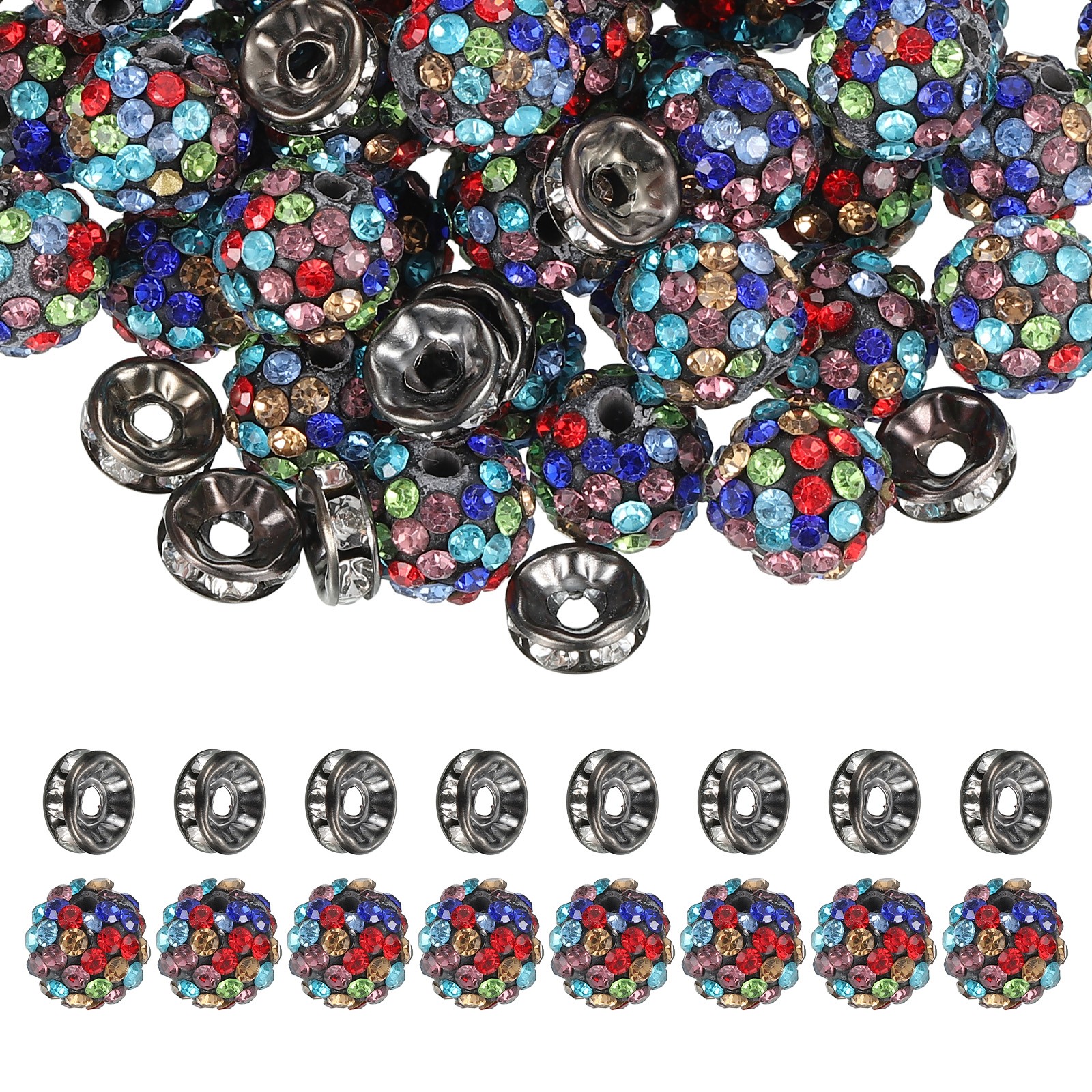 120Pcs Rhinestone Beads, 10mm Bead/8mm Crystal Spacer (Black/Colorful)