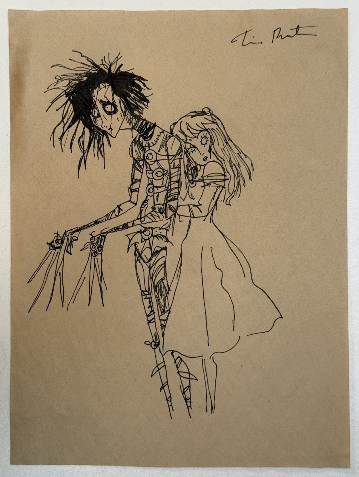 Tim Burton (Handmade) Drawing On Old Paper Signed, vtg art