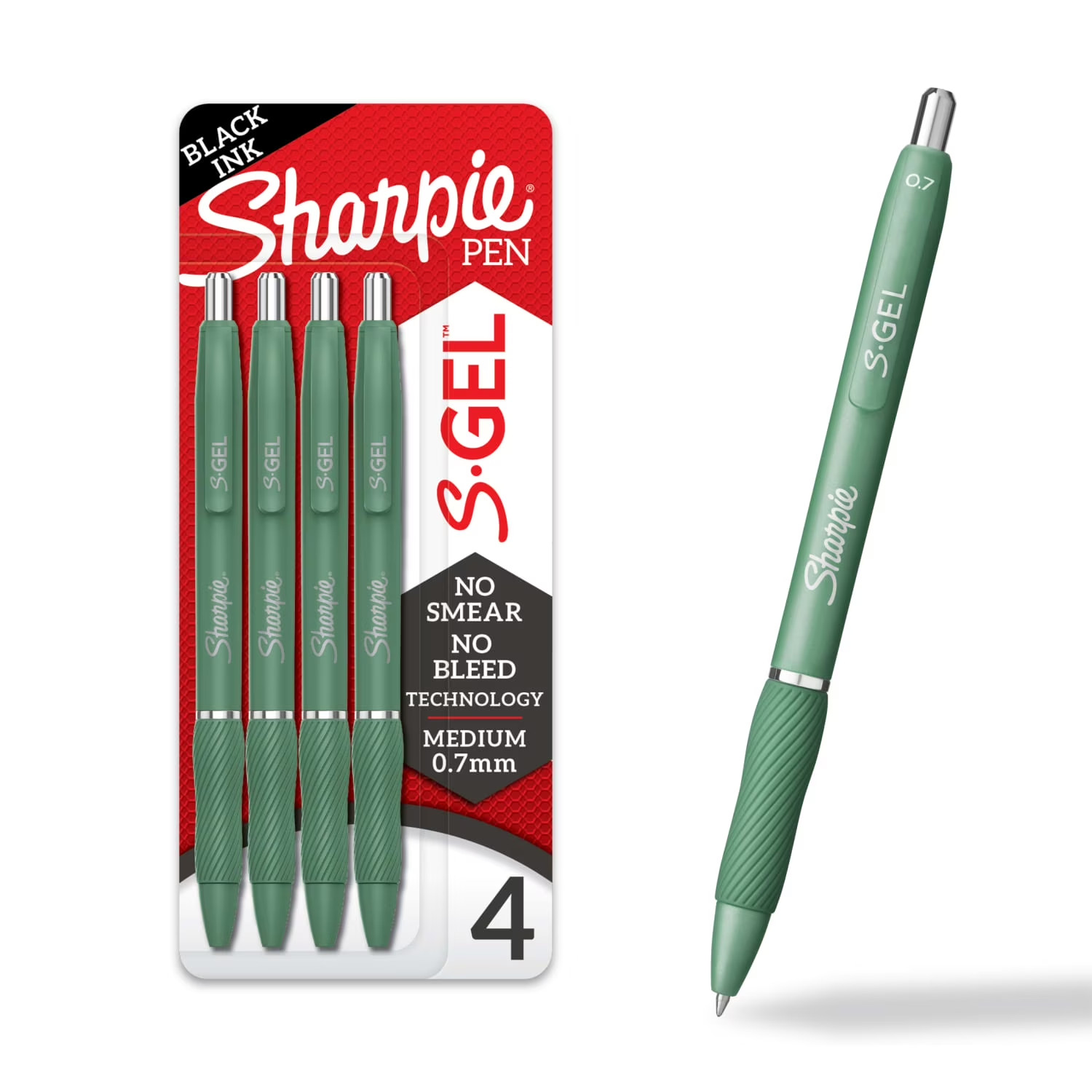 S-Gel, Gel Pens, Medium Point (0.7Mm), Green Barrel, Black Ink, 4 Count