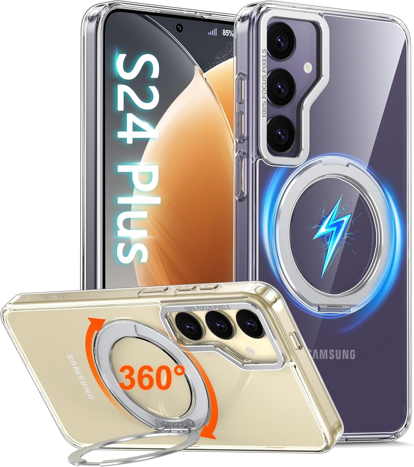360° Spin Magnetic Stand for Samsung Galaxy S24 Plus Case Clear with Kickstand R