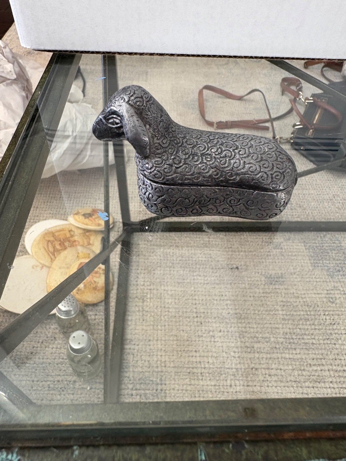 Vintage Fred W Metzke Marked Sheep Trinket Box Pewter Lid Mini Pill Metal