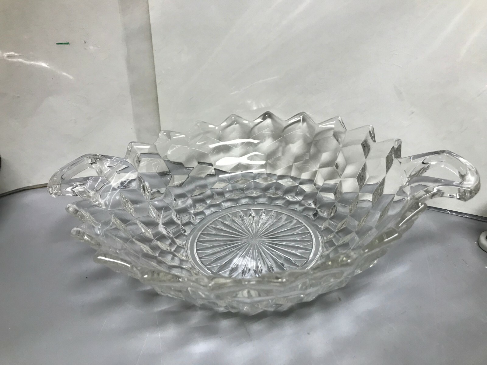 Vtg Fostoria American glass 8.5" serving dish bowl Candy sawtooth DBL Handle 