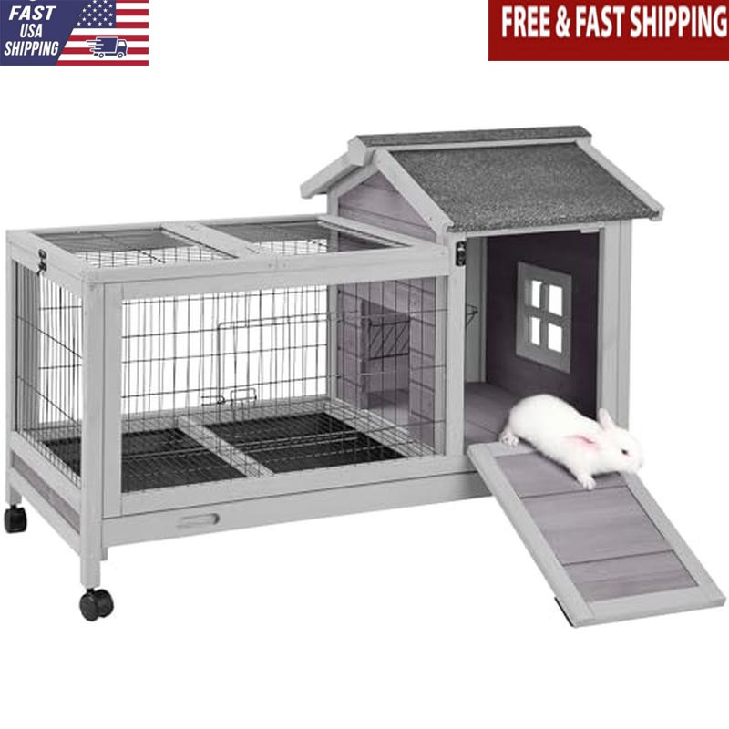 Rabbit Hutch Indoor Bunny Cage Outdoor Bunny House w/Wire Floor Leakproof Tray