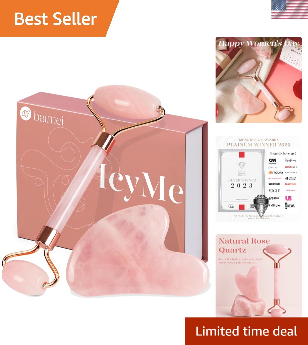 IcyMe Pink Jade Roller & Gua Sha - Reduces Fine Lines, Lifts Skin & Perfect Gift