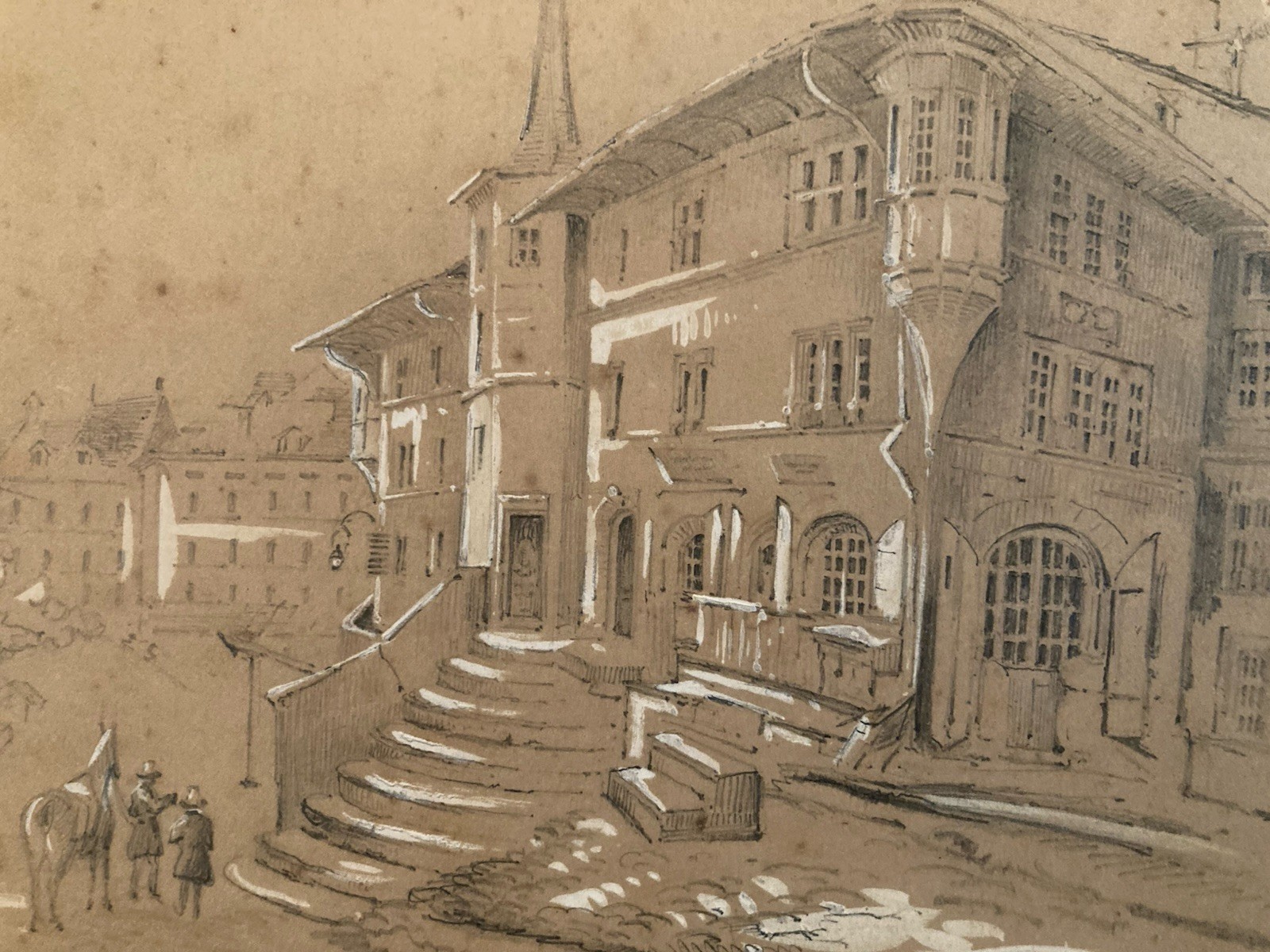 Très Beau Dessin XIXe 1850 Encre Lavis Ancien Maison D Art Homme A Identifier