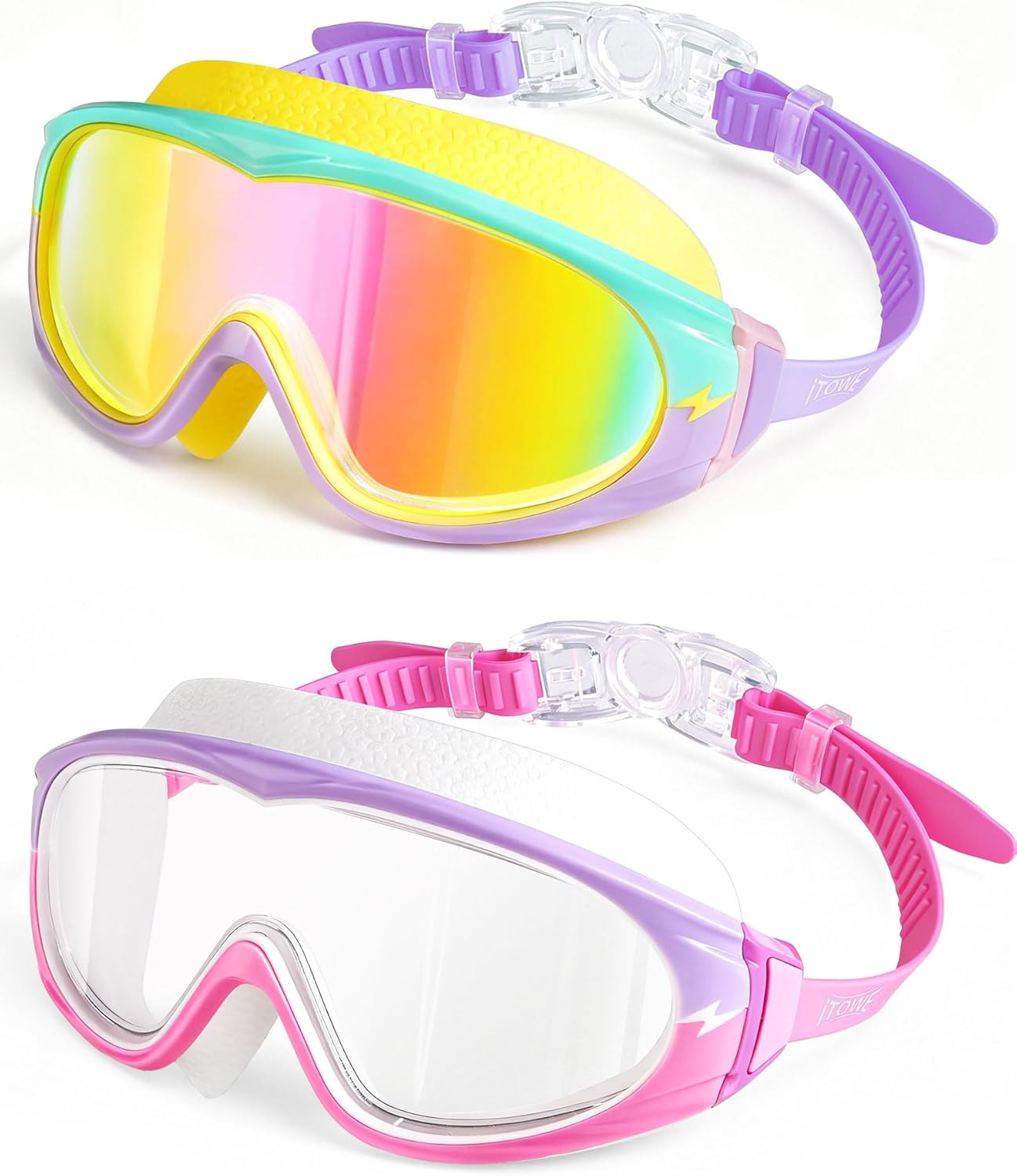 2 Pack Kids Swimming Goggles, Wide View Kid Goggles with No Leaking Anti-Fog/UV 