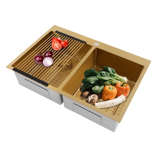 304 Stainless Steel Modern Gold Double Bowl Kitchen Sink With Drainage Grids