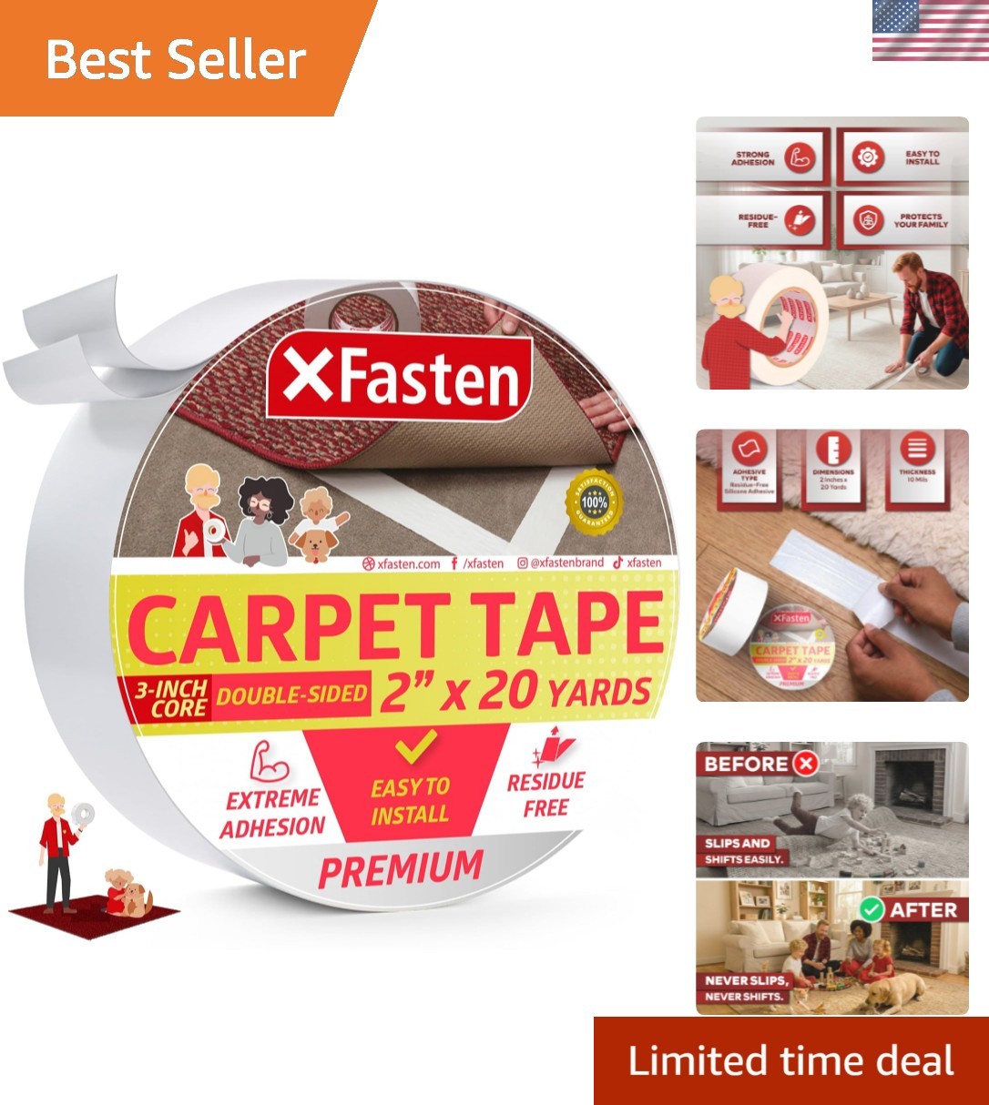 Carpet Tape Double Sided - Heavy Duty 2” x 20 yds Gentle on Surface Double Si...