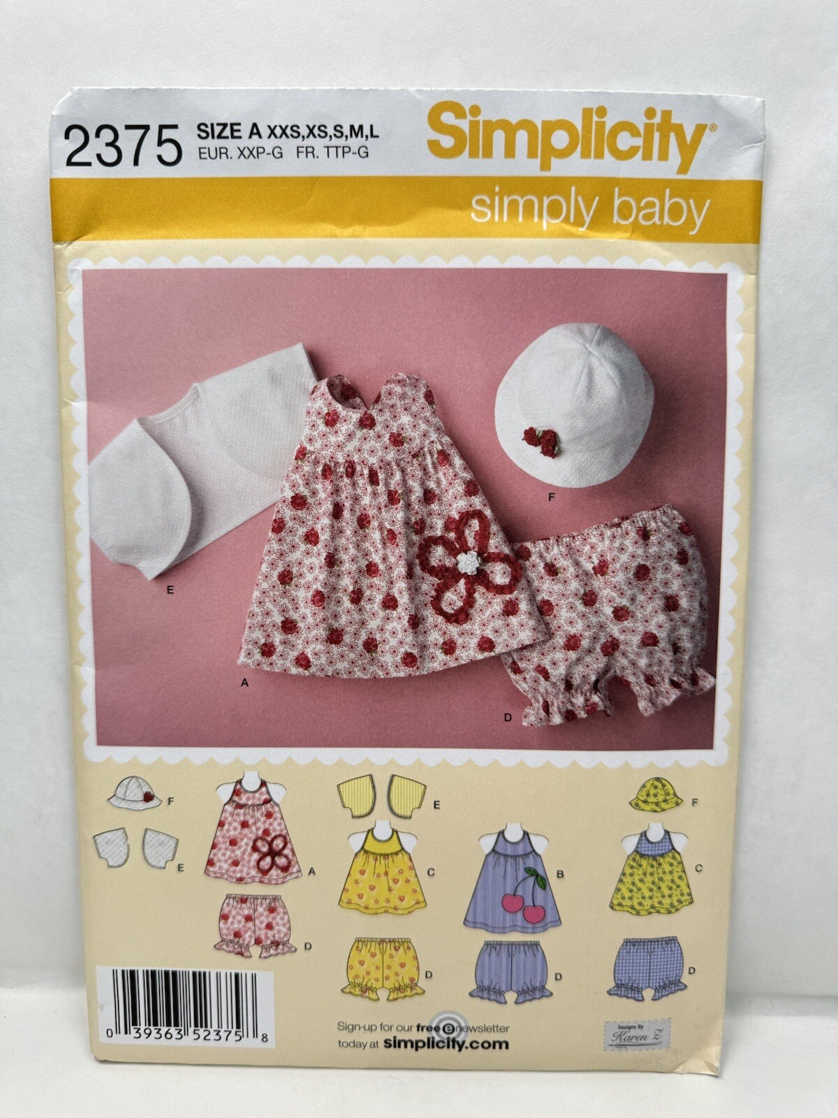 Simplicity 2375 Baby Girls Dress Top Panties Bolero Hat Pattern NB-18m *Uncut*