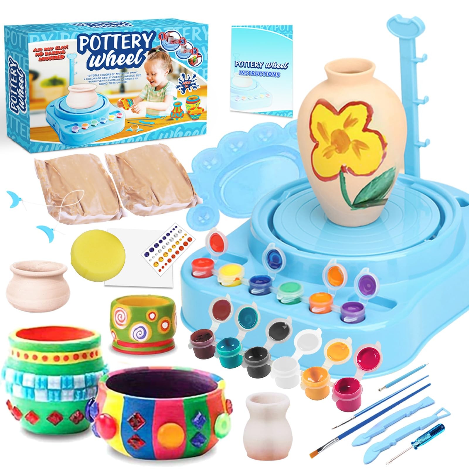 Mini Kids Pottery Wheel: Complete Painting Kit for Beginners with Modeling Clay