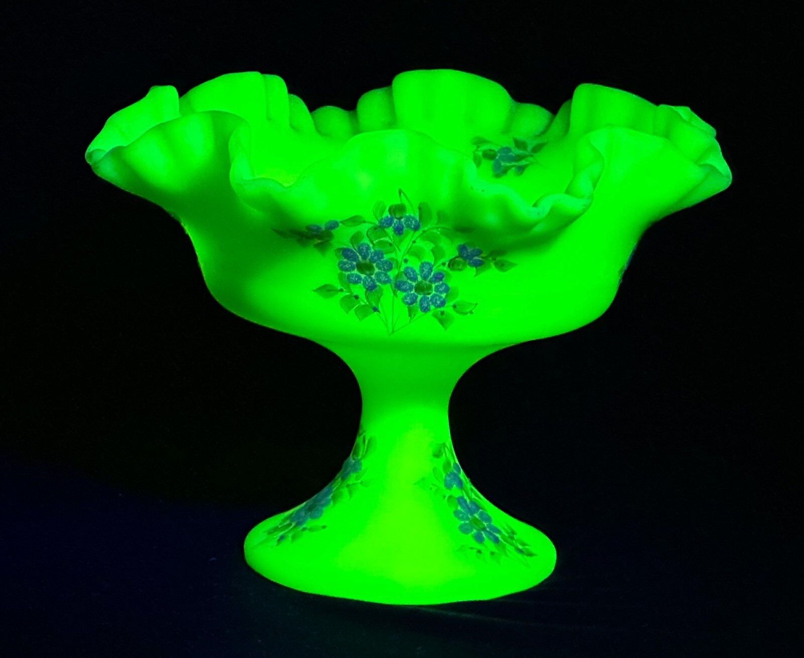 Fenton Custard Compote Bowl UV Uranium Glows Hand Painted Diane Johnson Sign 6"