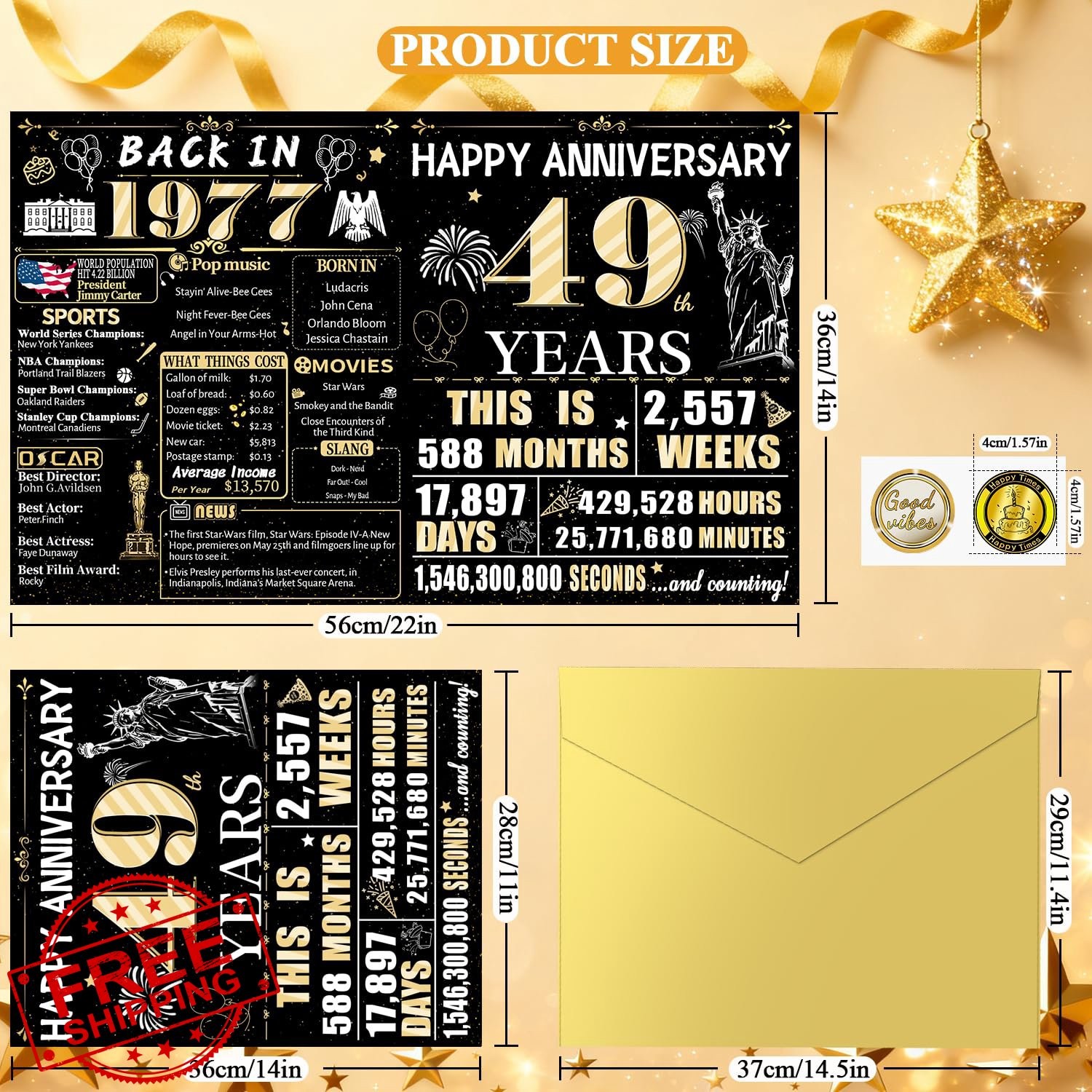 VivaGem 49th Anniversary Jumbo Card: Black Gold Retro Gift, Wife, Husband