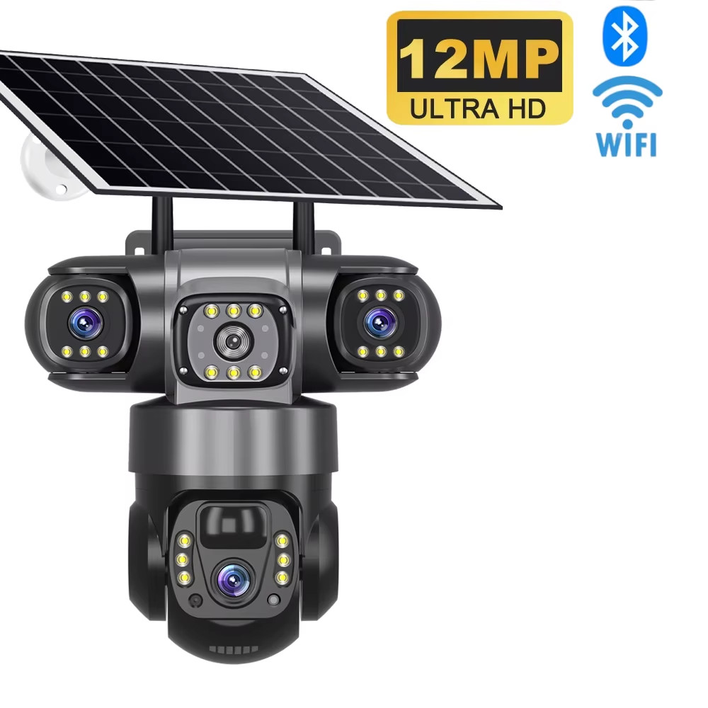 12MP HD Solar Outdoor Camera 3 Lens 3 Screen 10X Zoom CCTV Night Vision IP66 Wat